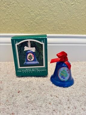 Hallmark Porcelain Blue Christmas Bell Ornament with Red Bow